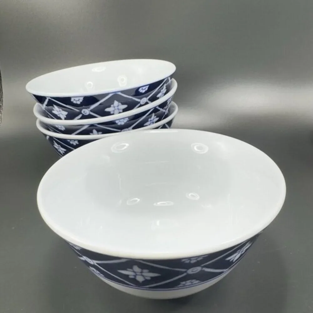 Pier 1 Porcelain Stoneware Deep Dish Bowl‎ Set 4 Blue White Floral Pattern 5inch